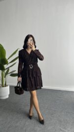 Ovara Flok Baskılı Elbise - Kahverengi - Görsel 6