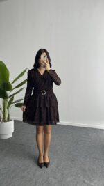 Ovara Flok Baskılı Elbise - Kahverengi - Görsel 8