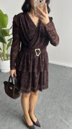 Ovara Flok Baskılı Elbise - Kahverengi - Görsel 7