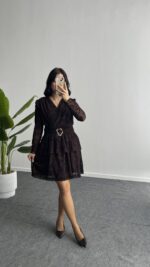 Ovara Flok Baskılı Elbise - Kahverengi - Görsel 3