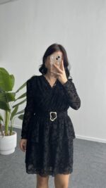 Ovara Flok Baskılı Elbise - Siyah - Görsel 2