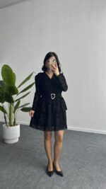 Ovara Flok Baskılı Elbise - Siyah - Görsel 4