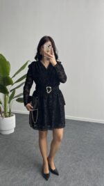 Ovara Flok Baskılı Elbise - Siyah - Görsel 6