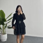 Ovara Flok Baskılı Elbise - Siyah