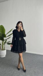 Ovara Flok Baskılı Elbise - Siyah - Görsel 3