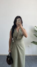 Palma Kruvaze Yaka Anvelop Elbise - Haki - Görsel 2