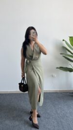 Palma Kruvaze Yaka Anvelop Elbise - Haki - Görsel 3