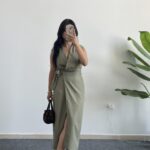 Palma Kruvaze Yaka Anvelop Elbise - Haki