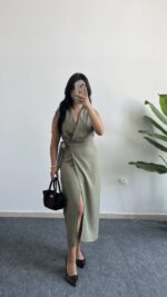 Palma Kruvaze Yaka Anvelop Elbise - Haki - Görsel 5