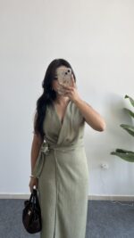 Palma Kruvaze Yaka Anvelop Elbise - Haki - Görsel 4