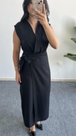 Palma Kruvaze Yaka Anvelop Elbise - Siyah - Görsel 4