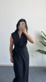 Palma Kruvaze Yaka Anvelop Elbise - Siyah - Görsel 2