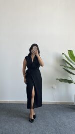 Palma Kruvaze Yaka Anvelop Elbise - Siyah - Görsel 5