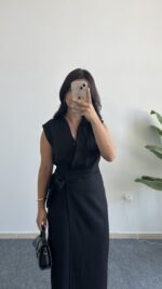 Palma Kruvaze Yaka Anvelop Elbise - Siyah - Görsel 3