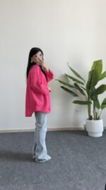 Pamira Gold Düğmeli Asansör Kol Oversize Gömlek - Pembe - Görsel 5