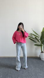 Pamira Gold Düğmeli Asansör Kol Oversize Gömlek - Pembe