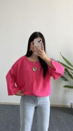 Pamira Gold Düğmeli Asansör Kol Oversize Gömlek - Pembe - Görsel 2