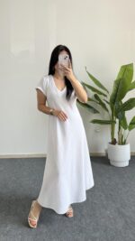 Pera %100 Pamuk Asimetrik Sihirli Elbise- Beyaz - Görsel 8