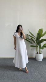 Pera %100 Pamuk Asimetrik Sihirli Elbise- Beyaz - Görsel 2