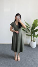 Pera %100 Pamuk Asimetrik Sihirli Elbise - Haki - Görsel 4