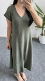 Pera %100 Pamuk Asimetrik Sihirli Elbise - Haki - Görsel 9