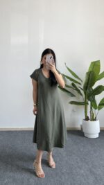 Pera %100 Pamuk Asimetrik Sihirli Elbise - Haki - Görsel 2