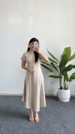 Pera %100 Pamuk Asimetrik Sihirli Elbise- Taş - Görsel 5