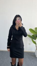Polo Yaka Düğmeli Siyah Elbise - Görsel 3