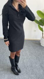 Polo Yaka Düğmeli Siyah Elbise - Görsel 5