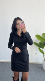 Polo Yaka Düğmeli Siyah Elbise - Görsel 4