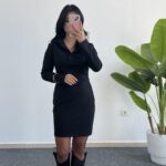 Polo Yaka Düğmeli Siyah Elbise