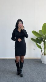 Polo Yaka Düğmeli Siyah Elbise