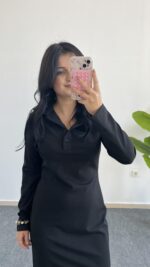Polo Yaka Düğmeli Siyah Elbise - Görsel 6