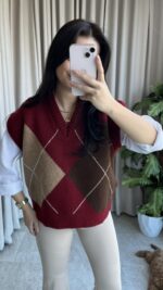 Premium Baklava Desen Bordo Süveter - Görsel 4