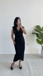 Pul Payet Kruvaze Anvelop Elbise - Siyah - Görsel 6