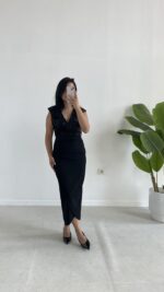 Pul Payet Kruvaze Anvelop Elbise - Siyah