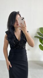 Pul Payet Kruvaze Anvelop Elbise - Siyah - Görsel 7