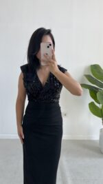 Pul Payet Kruvaze Anvelop Elbise - Siyah - Görsel 4