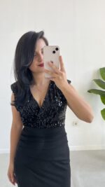 Pul Payet Kruvaze Anvelop Elbise - Siyah - Görsel 5