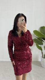 Pul Payet Kruvaze Elbise - Bordo - Görsel 4