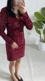 Pul Payet Kruvaze Elbise - Bordo - Görsel 5