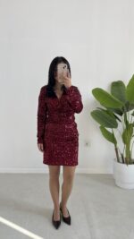 Pul Payet Kruvaze Elbise - Bordo - Görsel 8