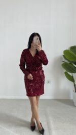 Pul Payet Kruvaze Elbise - Bordo - Görsel 7