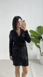 Pul Payet Kruvaze Elbise - Siyah - Görsel 2