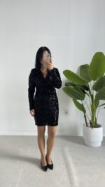 Pul Payet Kruvaze Elbise - Siyah - Görsel 5