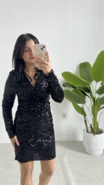 Pul Payet Kruvaze Elbise - Siyah - Görsel 6