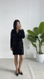 Pul Payet Kruvaze Elbise - Siyah