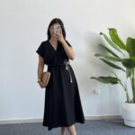 Rona Hasır Kemerli Kruvaze Midi Elbise - Siyah