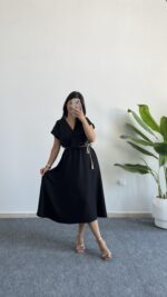 Rona Hasır Kemerli Kruvaze Midi Elbise - Siyah - Görsel 9