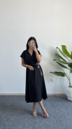 Rona Hasır Kemerli Kruvaze Midi Elbise - Siyah - Görsel 5